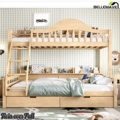 Natural solid wood bunk bed with built‑in shelves and under‑bed drawers for kids bedroom