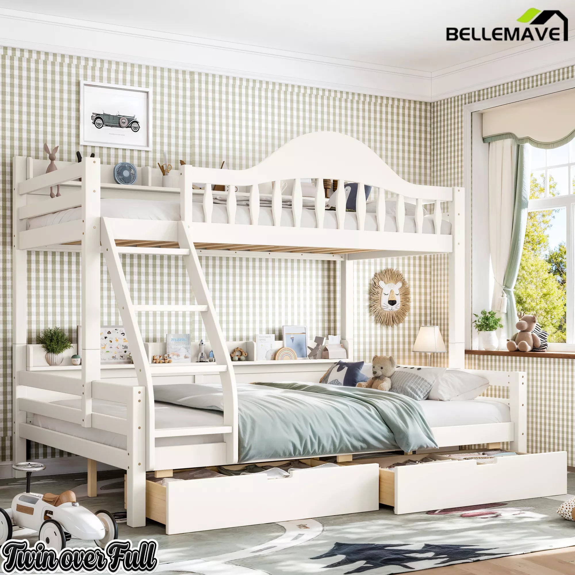 White finish wood bunk bed, twin over full with storage drawers and built‑in bookshelves