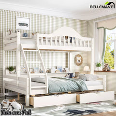 White finish wood bunk bed, twin over full with storage drawers and built‑in bookshelves