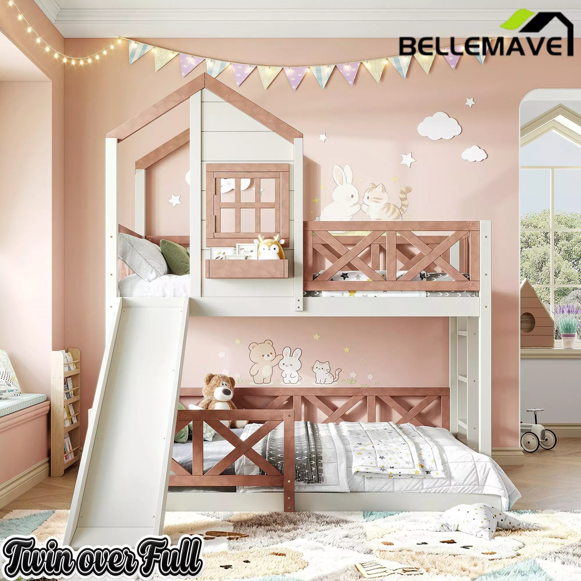 Bellemave® Bunk Bed Twin Over Full with Rail & Slide, House Bed for Kids, Floor Bunk bed with Fence Bellemave®