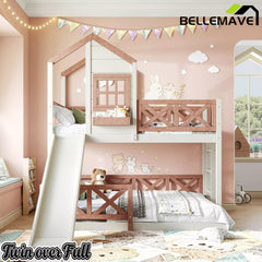 Bellemave® Bunk Bed Twin Over Full with Rail & Slide, House Bed for Kids, Floor Bunk bed with Fence Bellemave®