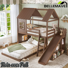 Bellemave® Bunk bed Twin Over Full with Slide,Ladders,Bookshelf & Wardrobe, House roof Design, Low bunk/loft Bed for Kids Bellemave®