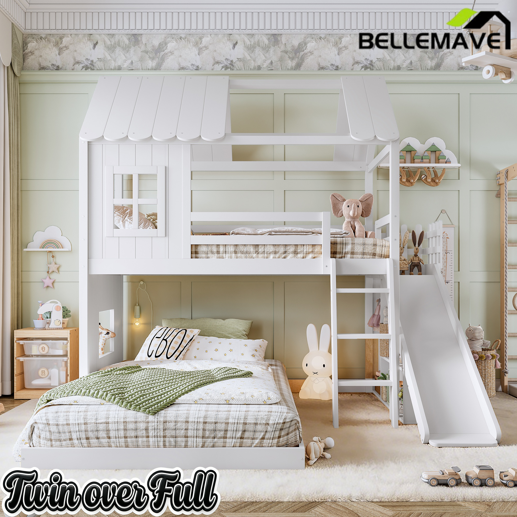 Bellemave® Bunk bed Twin Over Full with Slide,Ladders,Bookshelf & Wardrobe, House roof Design, Low bunk/loft Bed for Kids Bellemave®