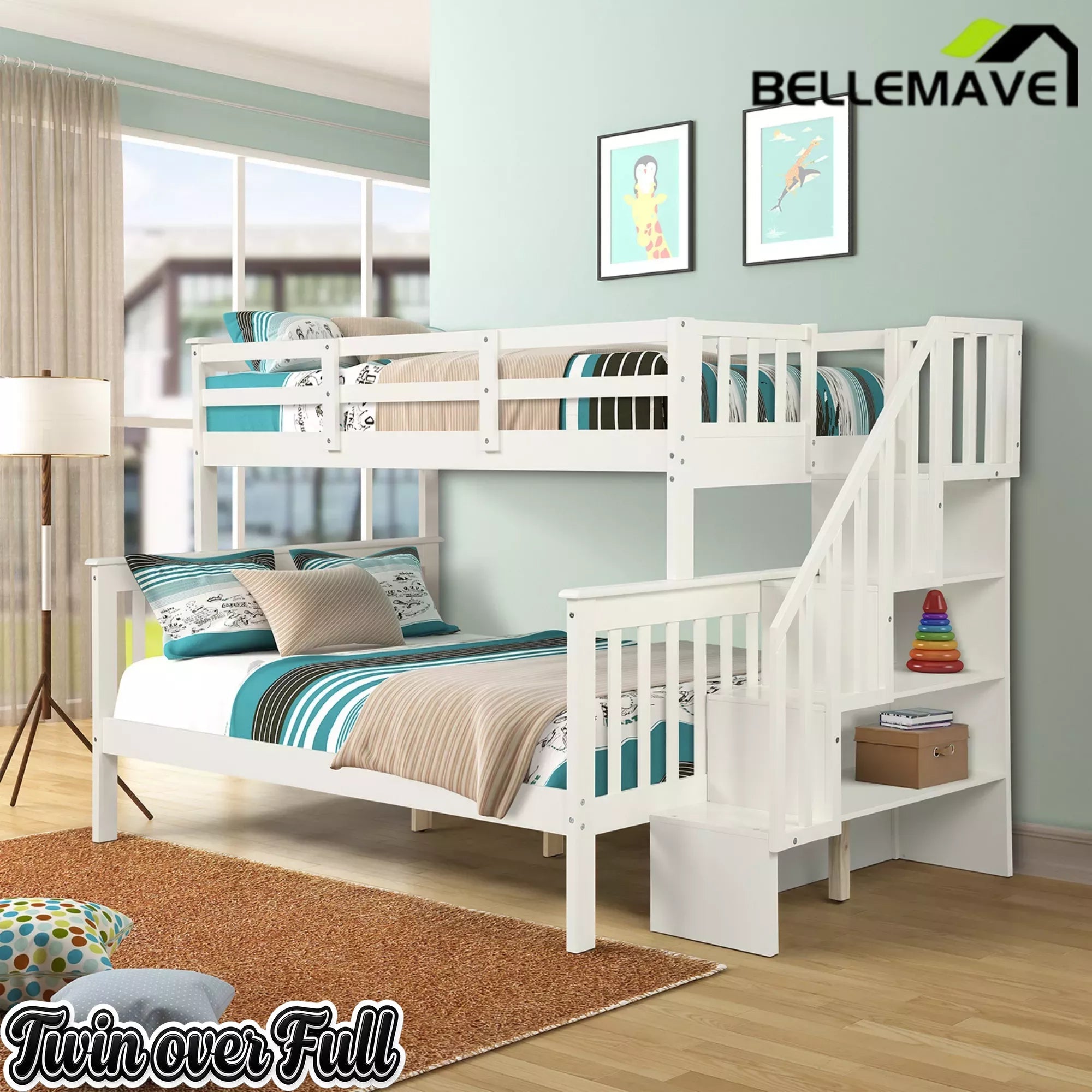 Bellemave® Twin Over Full Bunk Bed with Storage Stairs & Guardrail, Wooden Bunk Bed Frame with Storage Shelves for Kids, Teens & Adults Bellemave®