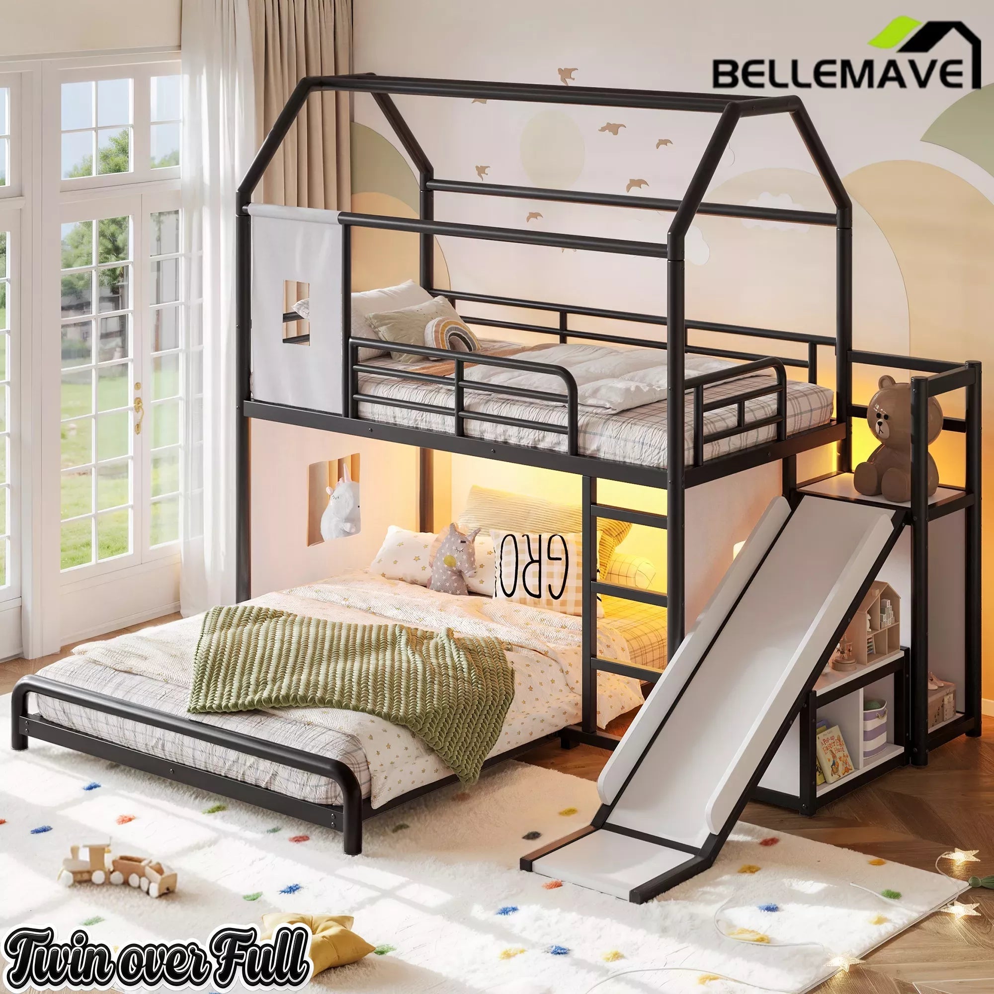 Bellemave® Twin over Full Bunk Bed for Small Room - Metal House Shaped Playhouse with Slide, LED Lights & Privacy Curtain, Kids Space-Saving Storage Bed Bellemave®