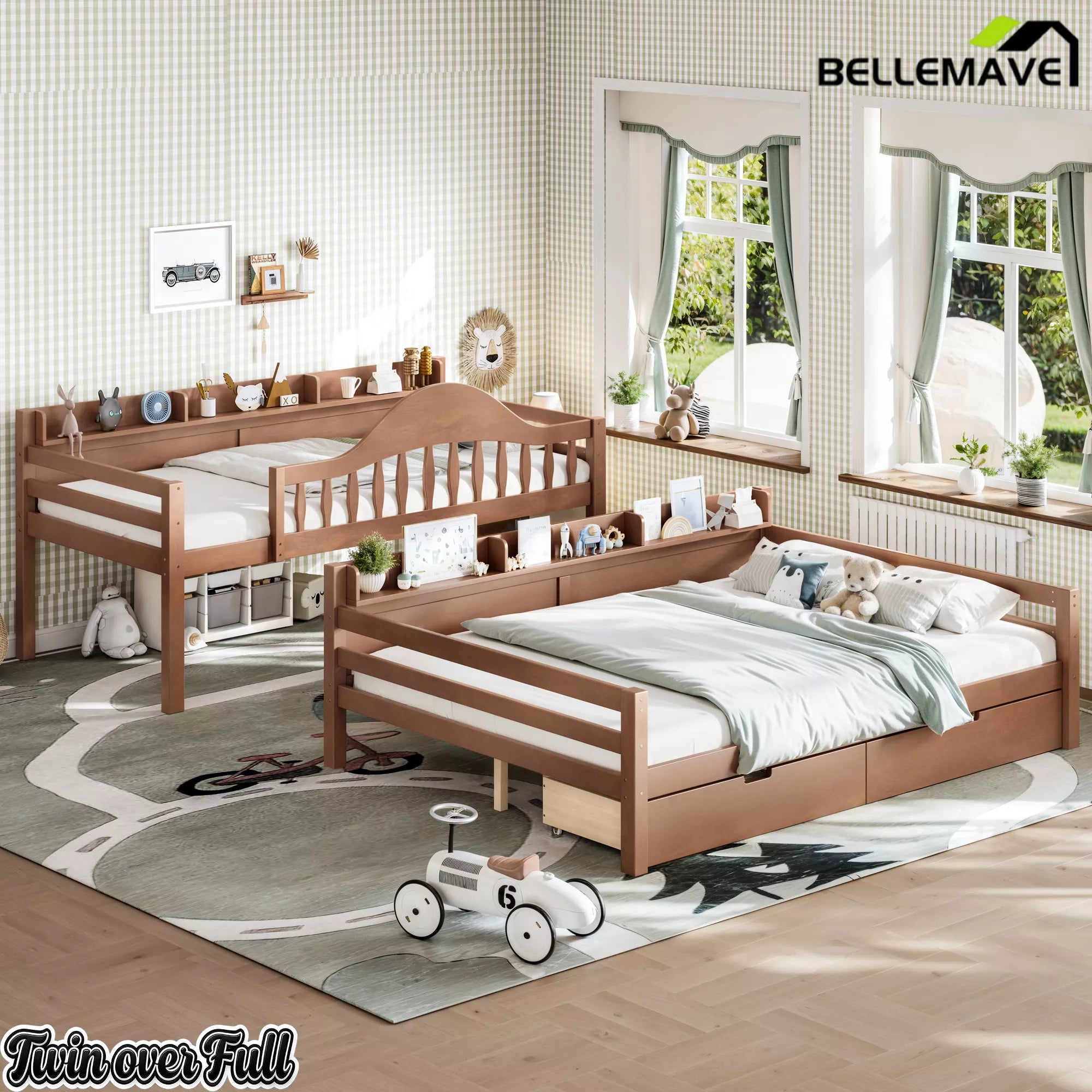 Walnut brown convertible bunk bed, can separate into two individual kids beds