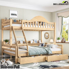 Natural wood kids bunk bed with open storage drawers, angled ladder and side bookshelves