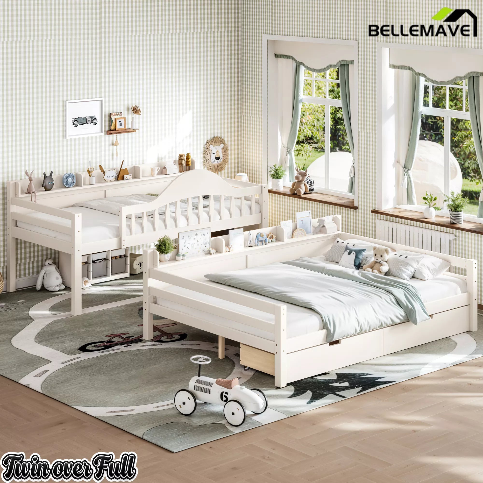Convertible white bunk bed, splits into 2 separate solid wood beds for kids room