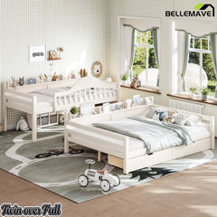 Convertible white bunk bed, splits into 2 separate solid wood beds for kids room