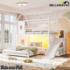 Bellemave® Twin over Full Bunk Bed for Small Room - Metal House Shaped Playhouse with Slide, LED Lights & Privacy Curtain, Kids Space-Saving Storage Bed Bellemave®