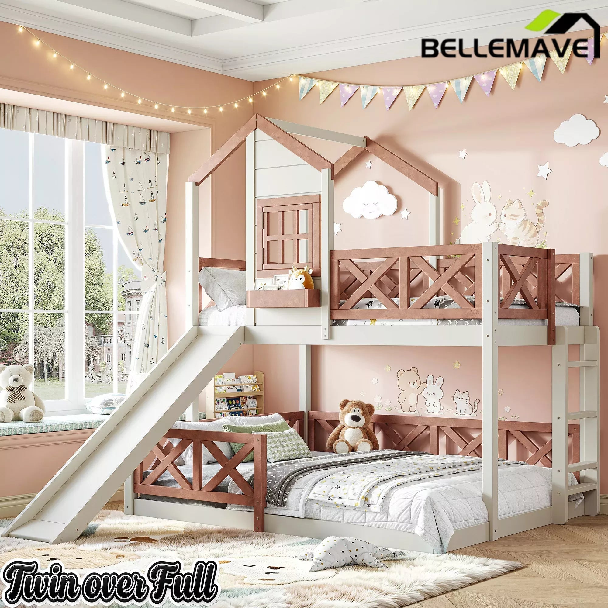 Bellemave® Bunk Bed Twin Over Full with Rail & Slide, House Bed for Kids, Floor Bunk bed with Fence Bellemave®
