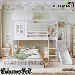 Bellemave® Bunk bed Twin Over Full with Slide,Ladders,Bookshelf & Wardrobe, House roof Design, Low bunk/loft Bed for Kids Bellemave®