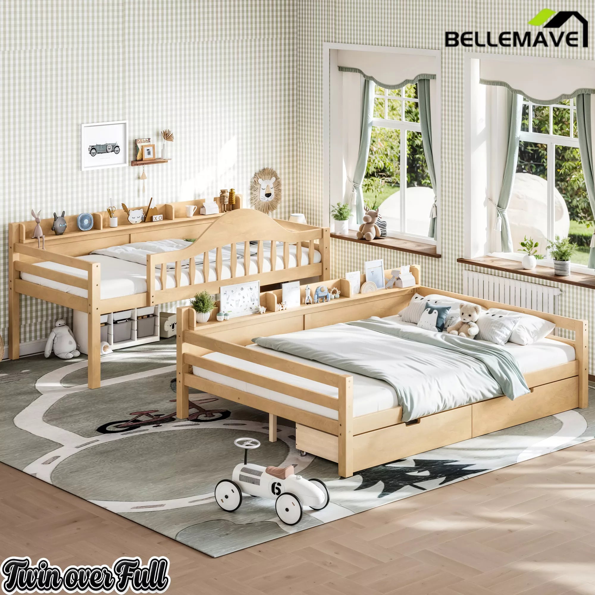 Detachable natural wood bunk bed converted into two standalone beds with storage drawers for children room