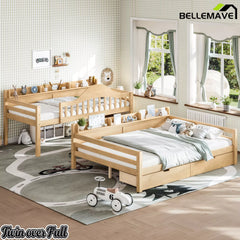 Detachable natural wood bunk bed converted into two standalone beds with storage drawers for children room