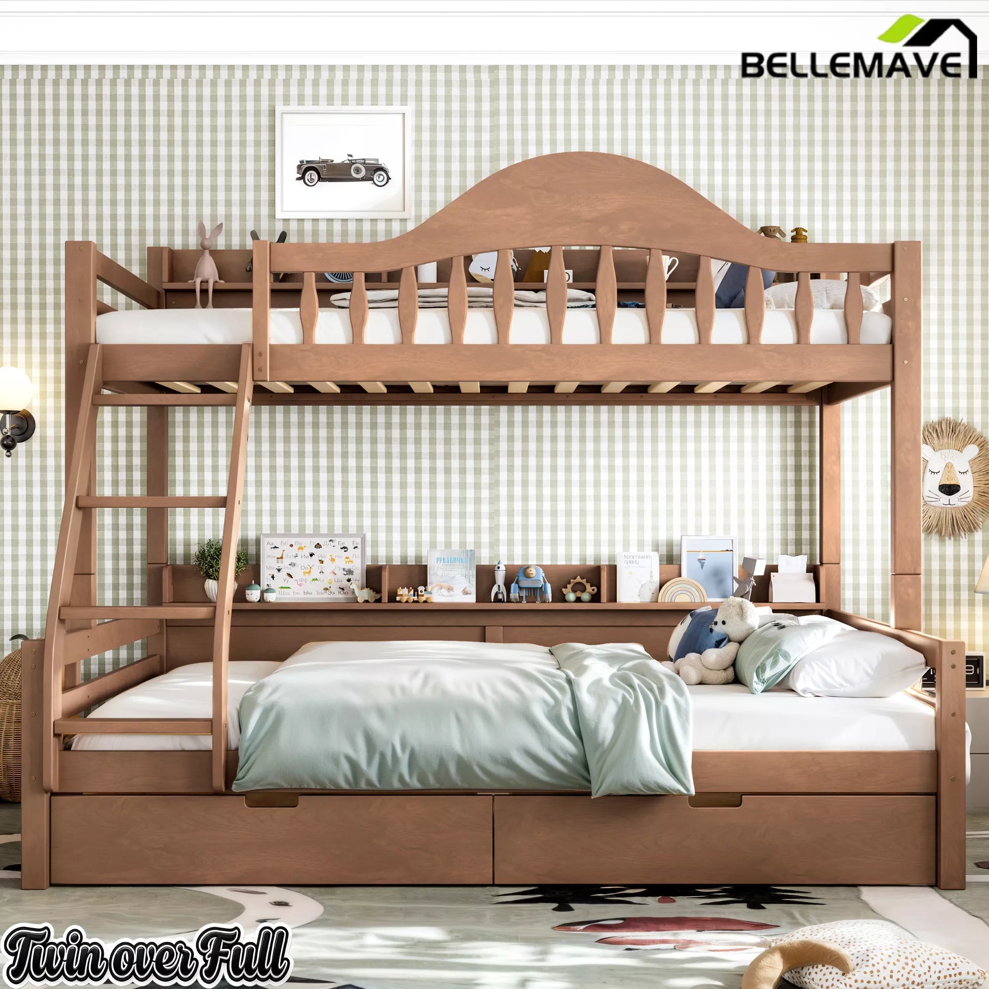 Walnut brown solid wood bunk bed with storage drawers and shelves for shared kids bedroom