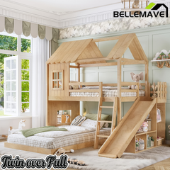Bellemave® Bunk bed Twin Over Full with Slide,Ladders,Bookshelf & Wardrobe, House roof Design, Low bunk/loft Bed for Kids Bellemave®