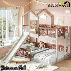 Bellemave® Bunk Bed Twin Over Full with Rail & Slide, House Bed for Kids, Floor Bunk bed with Fence Bellemave®