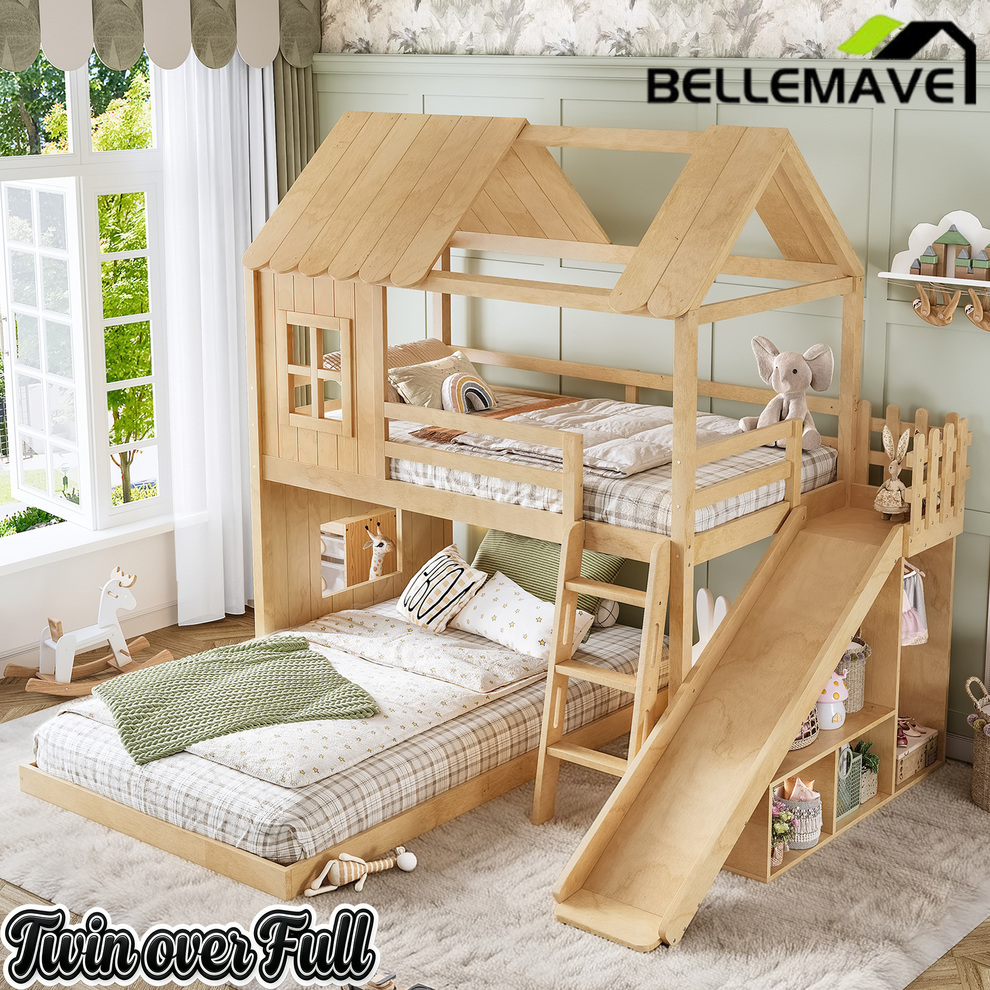 Bellemave® Bunk bed Twin Over Full with Slide,Ladders,Bookshelf & Wardrobe, House roof Design, Low bunk/loft Bed for Kids Bellemave®