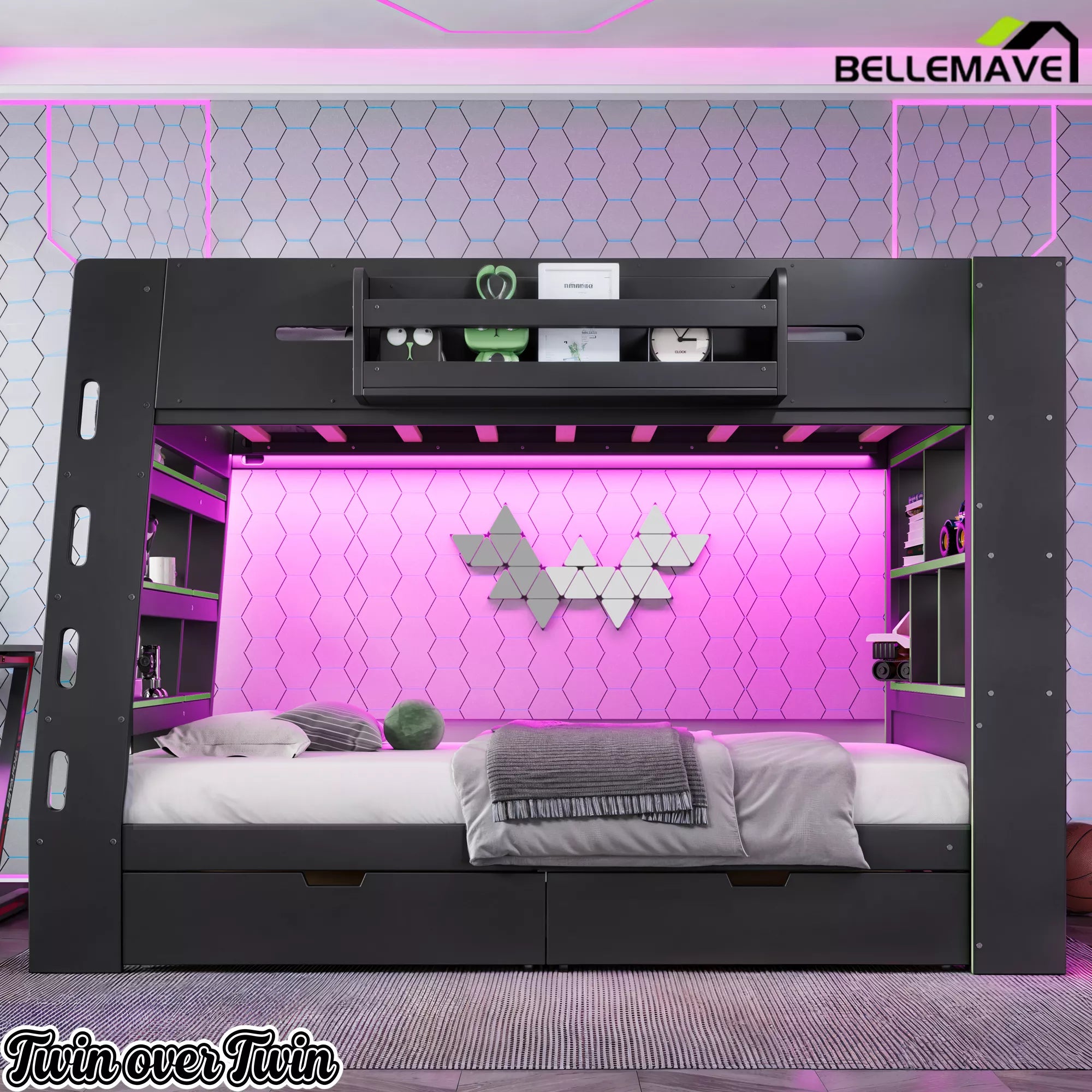 twin over twin bunk bed with LED lights and storage drawers