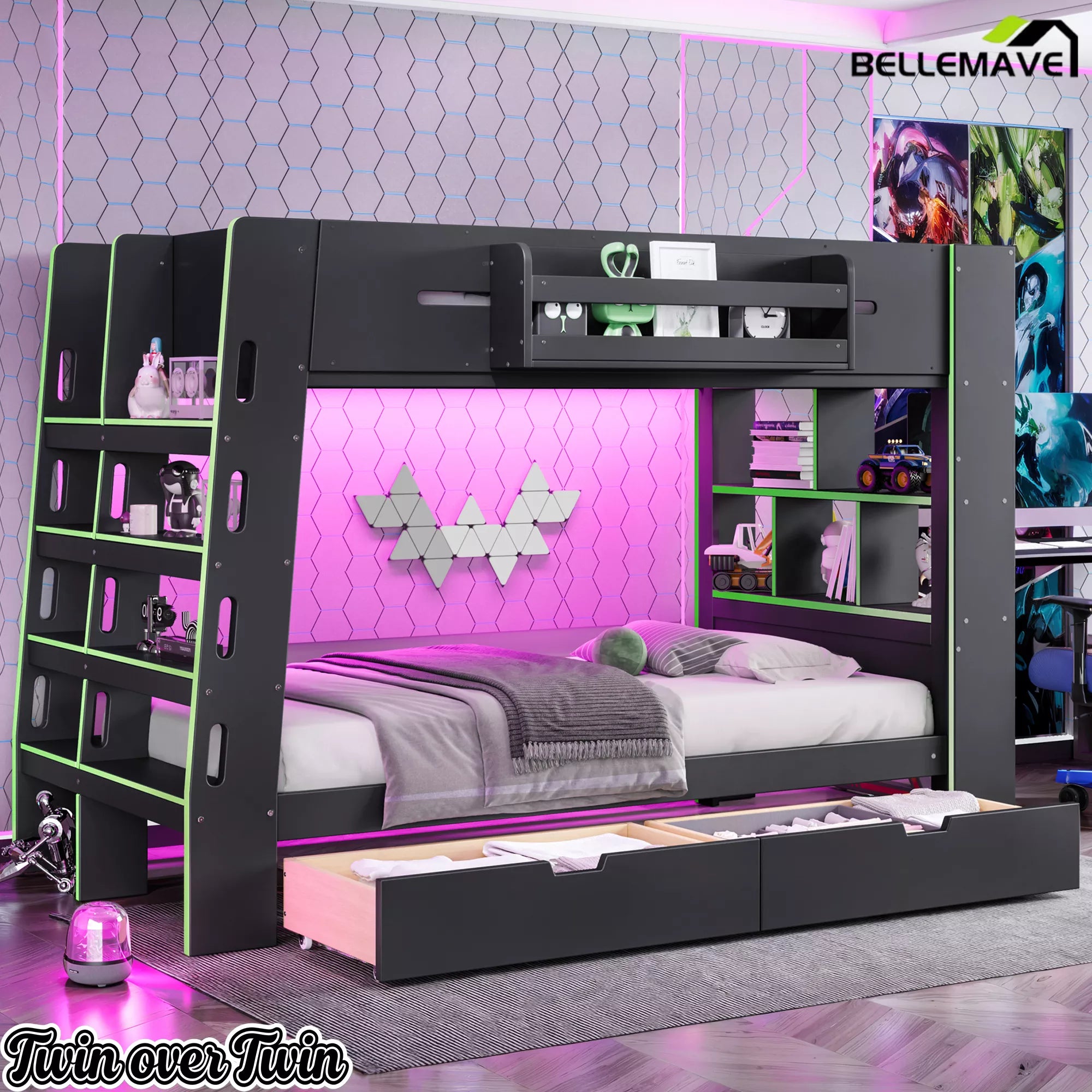 twin over twin bunk bed with shelves and guardrails