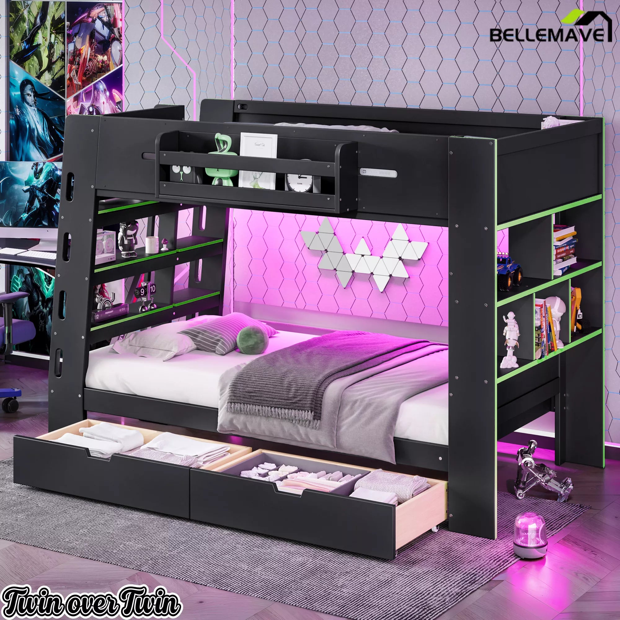 twin bunk bed with bookcase headboard and storage space