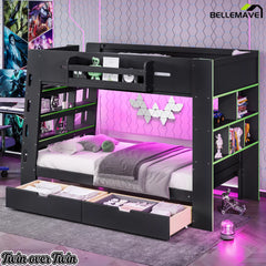 twin bunk bed with bookcase headboard and storage space