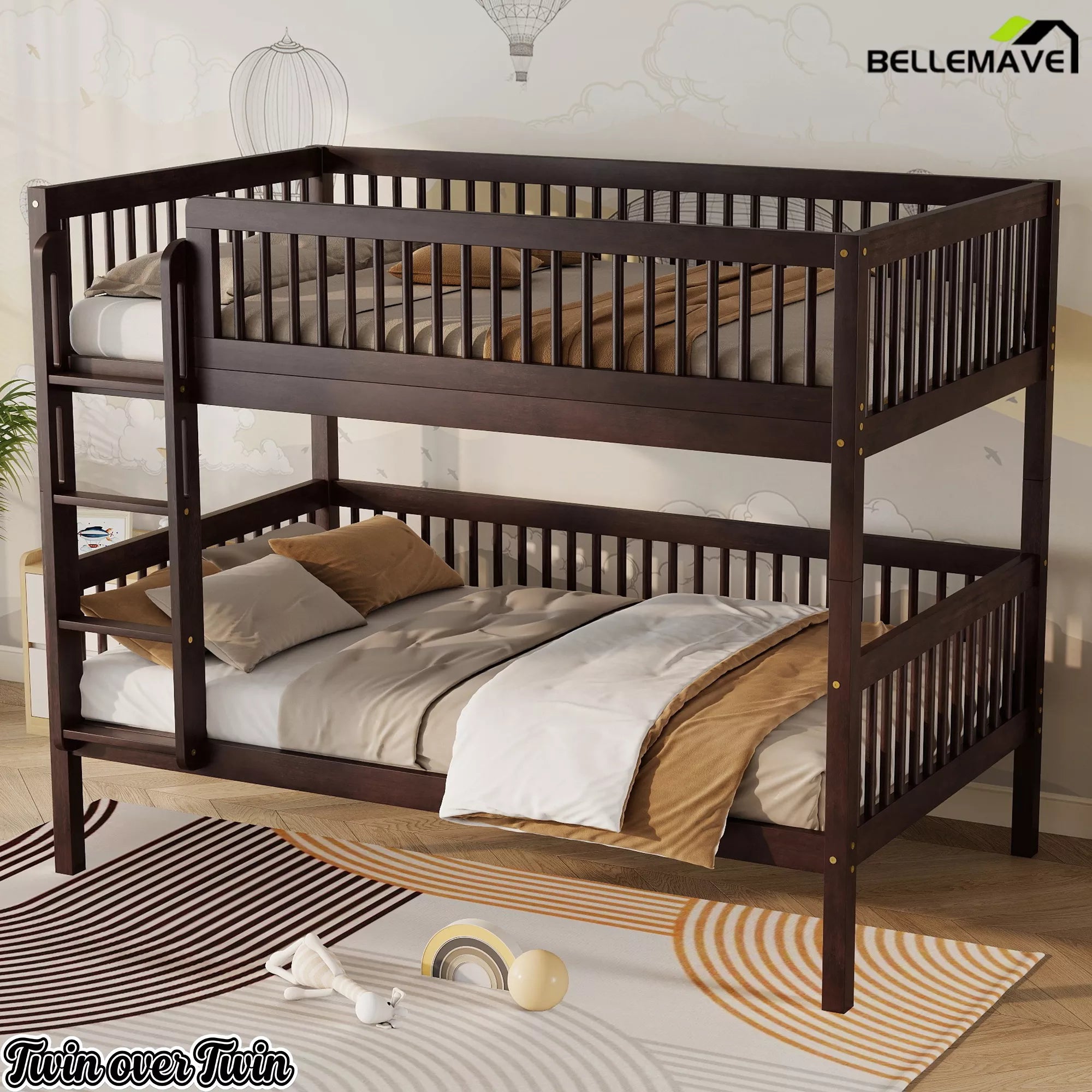Dark wood Twin over Twin bunk bed styled in a bedroom