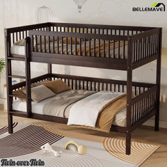 Dark wood Twin over Twin bunk bed styled in a bedroom