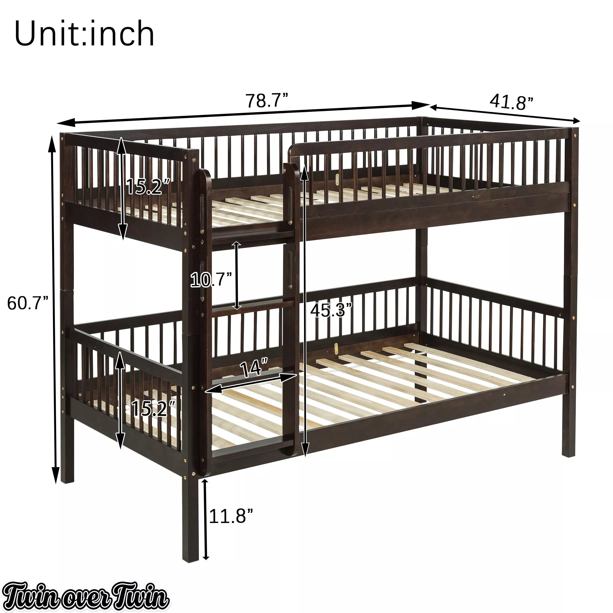 Twin over Twin bunk bed dimensions and overall measurements diagram
