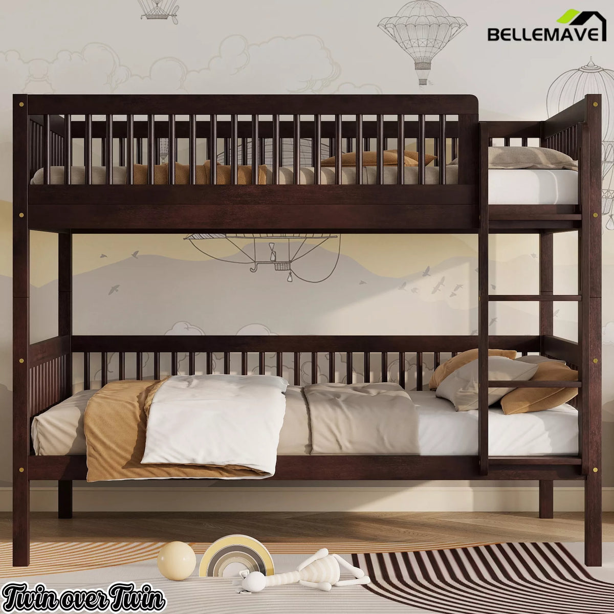Dark wood Twin over Twin bunk bed with ladder in a bedroom