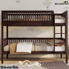 Dark wood Twin over Twin bunk bed with ladder in a bedroom