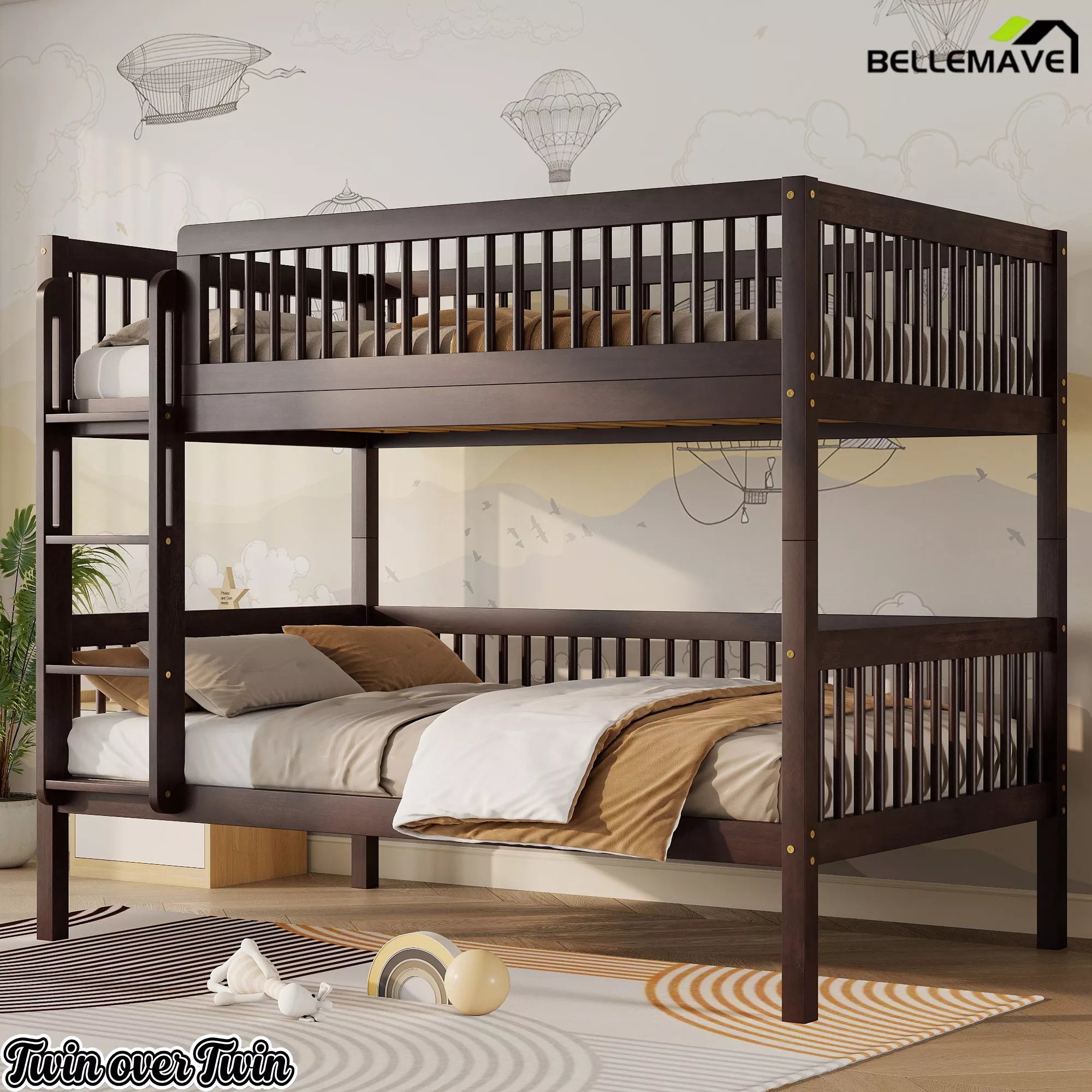 Angled view of a dark wood Twin over Twin bunk bed