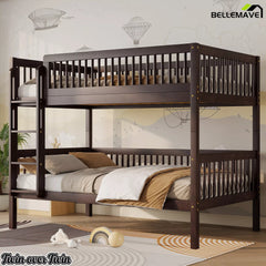 Angled view of a dark wood Twin over Twin bunk bed