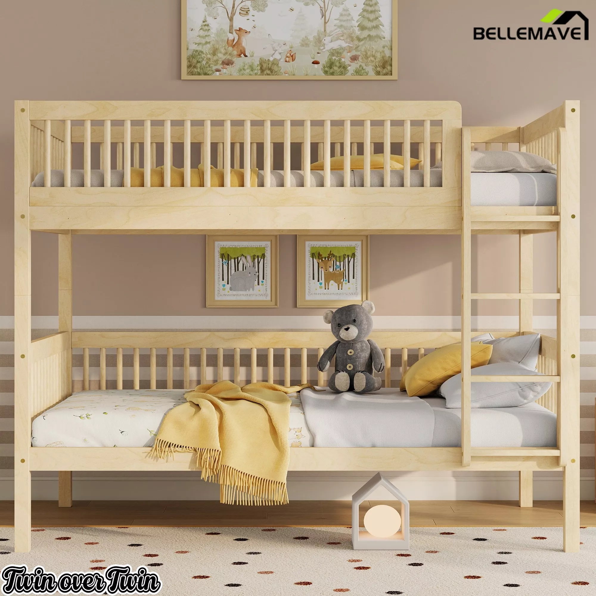 Natural pine wood Twin over Twin bunk bed in a children's bedroom