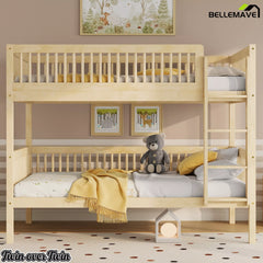 Natural pine wood Twin over Twin bunk bed in a children's bedroom