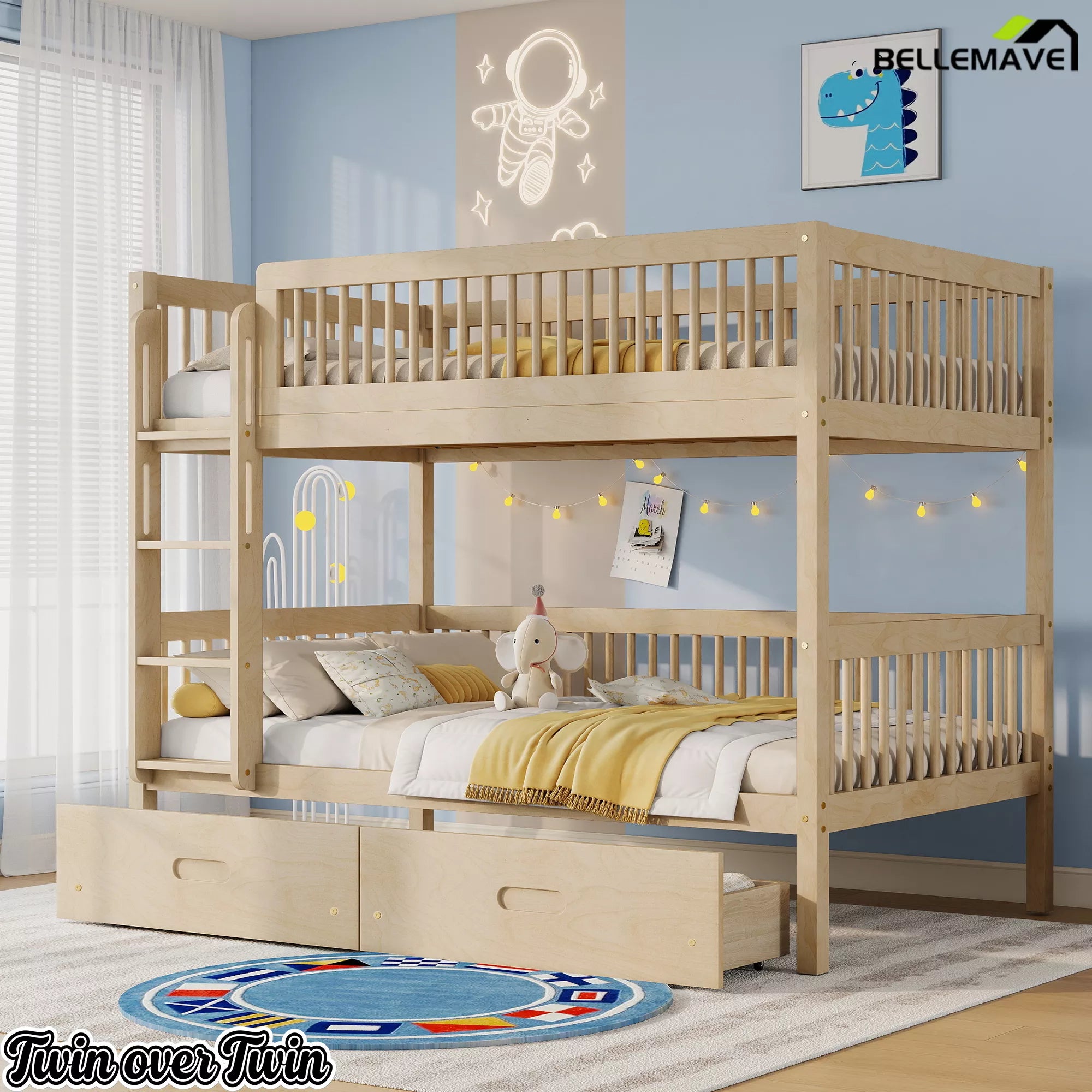 white twin over twin wood bunk bed with ladder and guardrails
