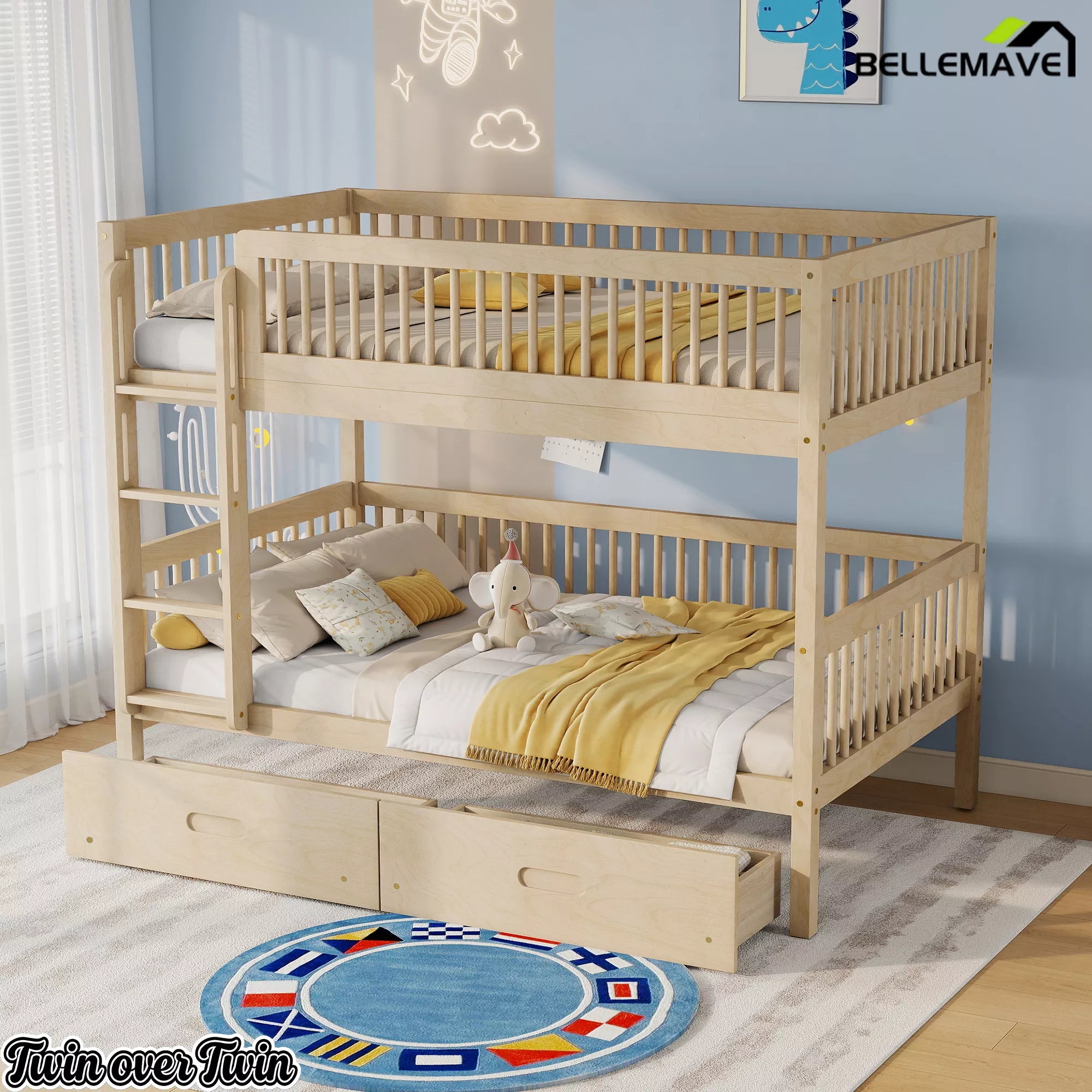 kids twin bunk bed with safety rails and under bed storage