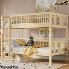 Front view of a natural pine wood Twin over Twin bunk bed