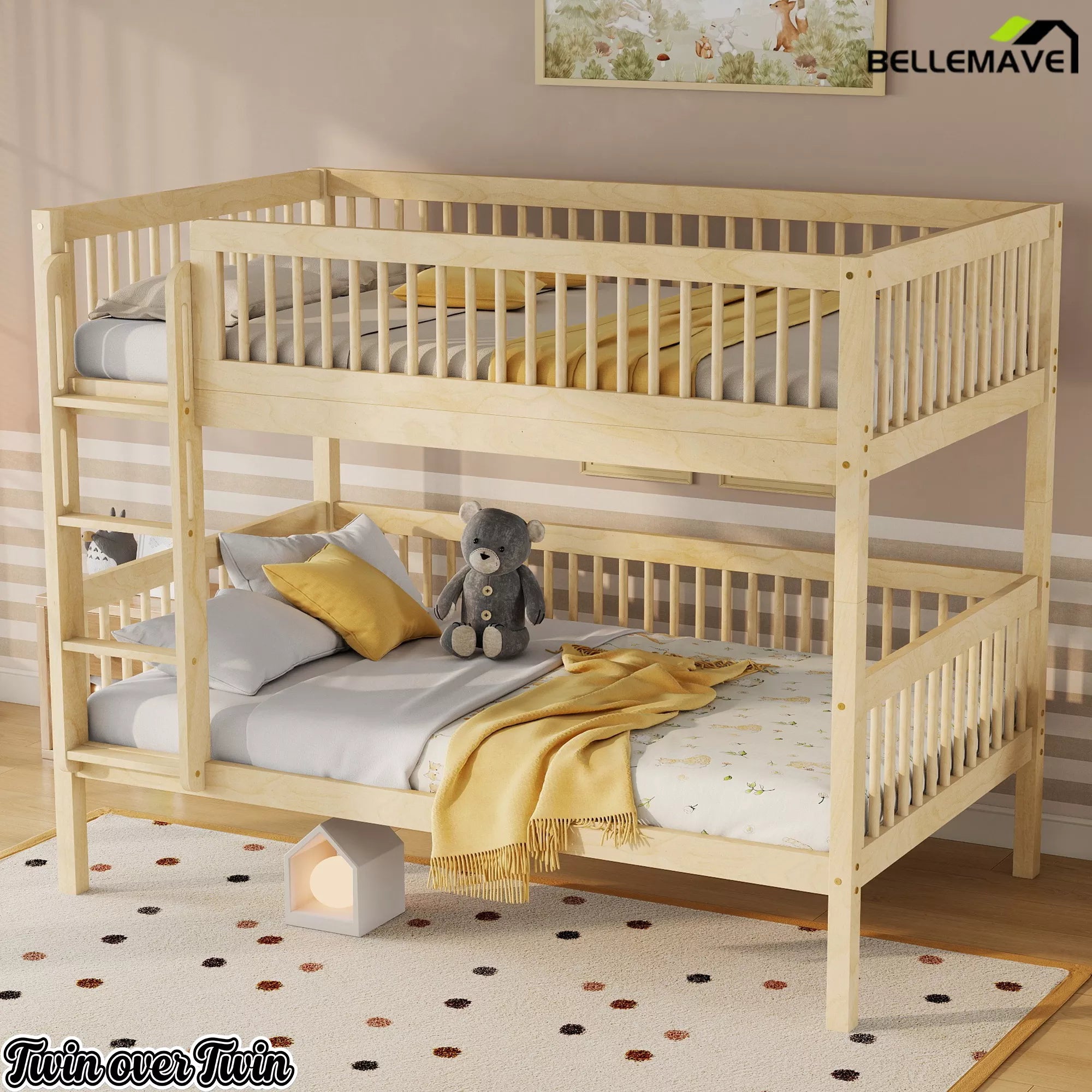 Angled view of a natural pine wood bunk bed with wooden guardrails