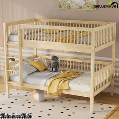 Angled view of a natural pine wood bunk bed with wooden guardrails
