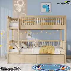 white bunk bed with two twin beds and storage drawers