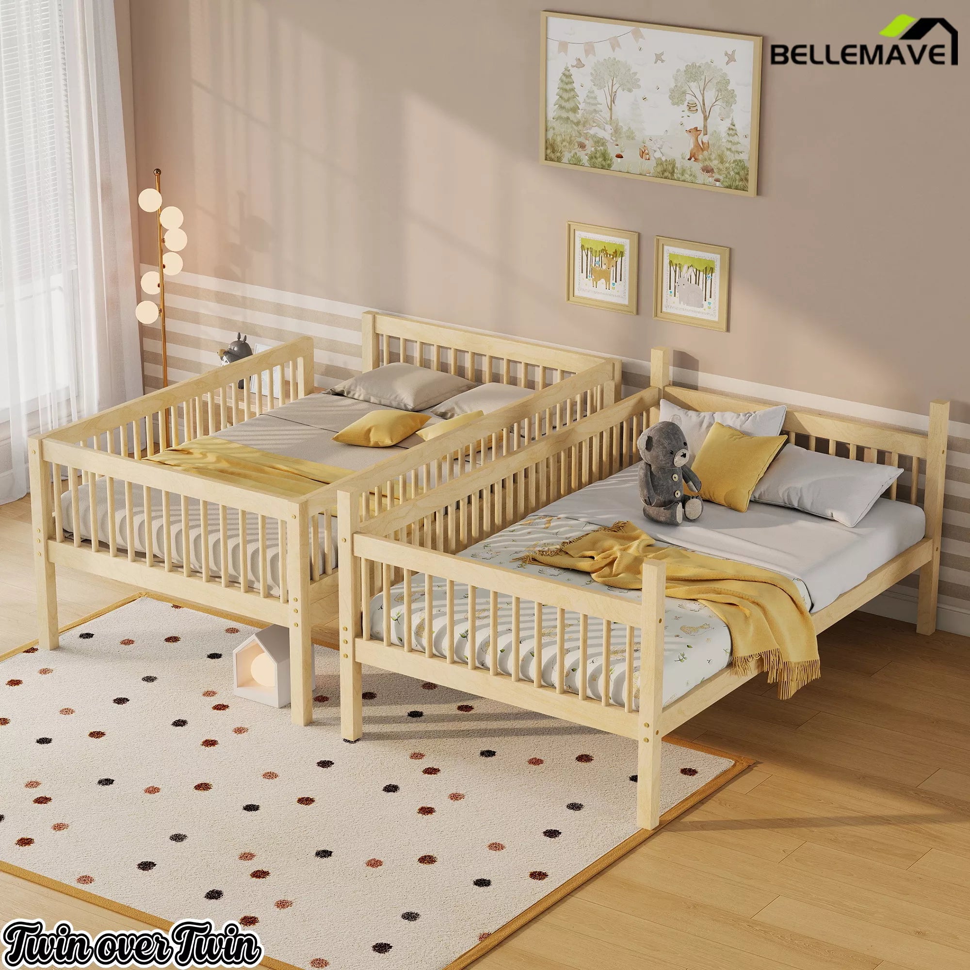 Natural pine wood bunk bed separated into two individual Twin beds