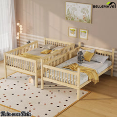 Natural pine wood bunk bed separated into two individual Twin beds