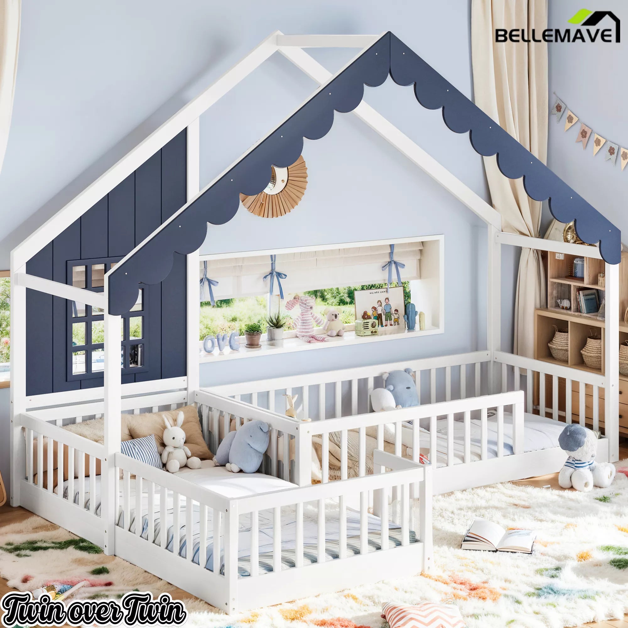Blue and white house-shaped floor bed with decorative window and surrounding guardrails