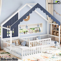 Blue and white house-shaped floor bed with decorative window and surrounding guardrails