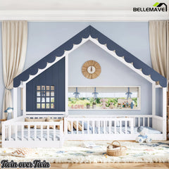 Front view of a blue and white wooden house floor bed with peaked roof and low sleeping areas