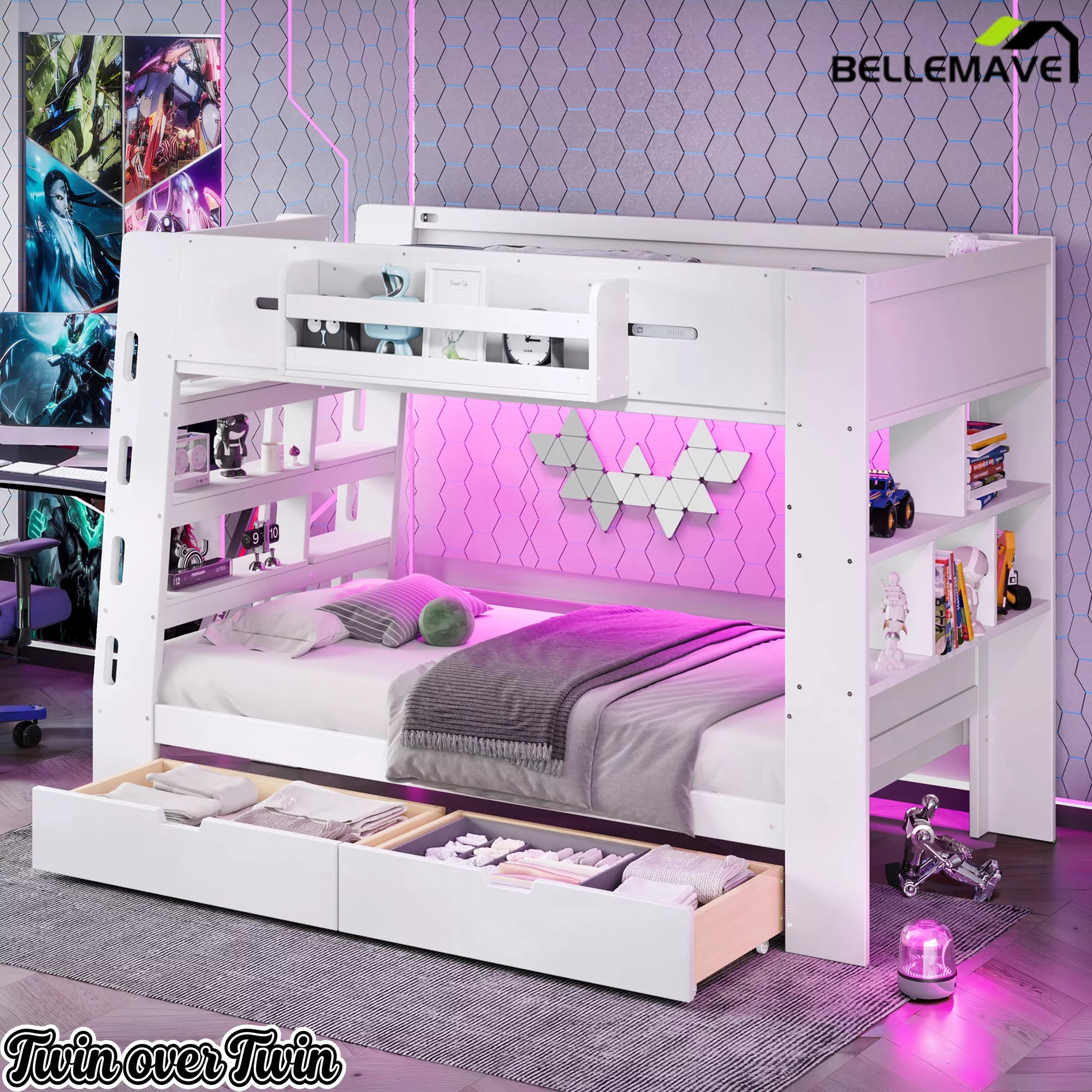 white twin over twin bunk bed with LED lights