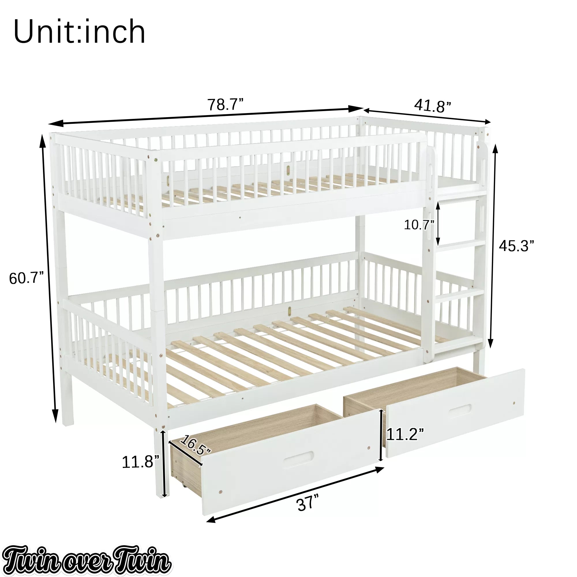 twin over twin bunk bed dimensions with storage drawer design