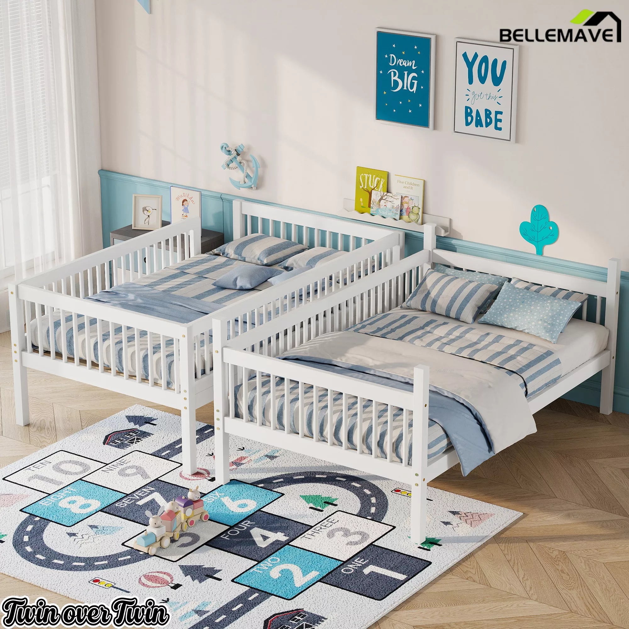 White Twin over Twin bunk bed separated into two individual beds