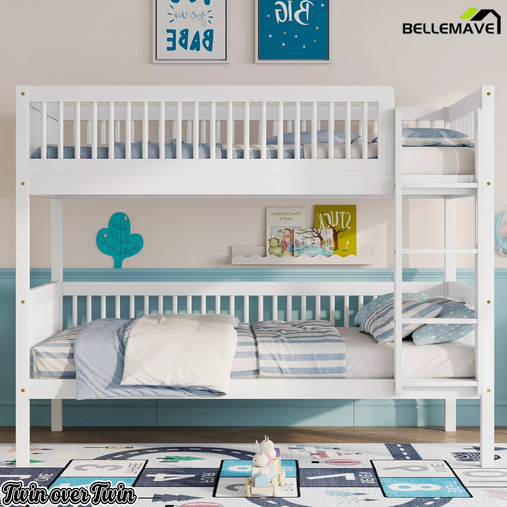 Front view of a white Twin over Twin bunk bed in a bedroom